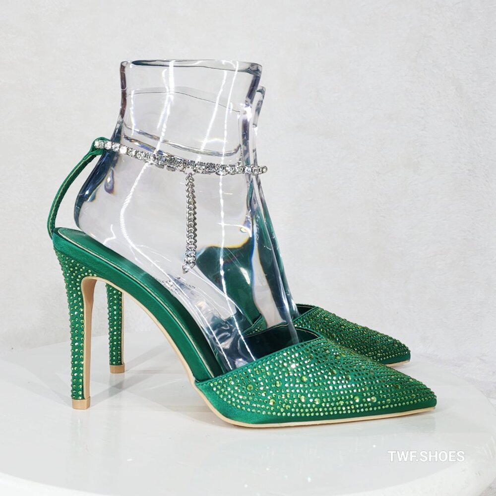 Simply Sexy Slip on Ankle Bracelet Green Rhinestone Pointy Toe High Heels - Picture 6 of 11